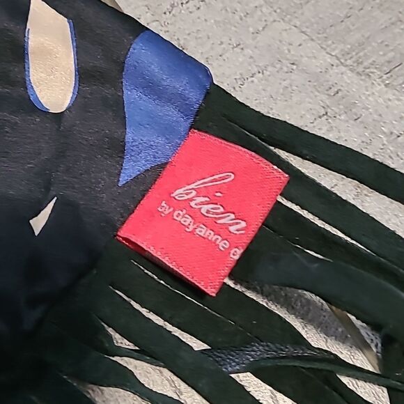 Bien  Abye Blue and Black Patterned Silk Scarf with Leather Fringe - Picture 4 of 6